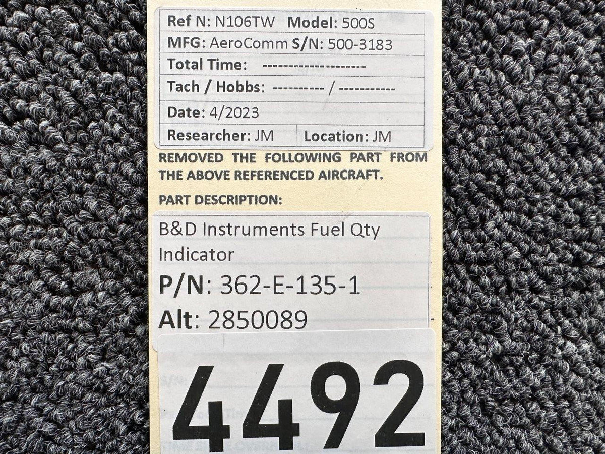 B and D Instruments 362-E-135-1 (Alt: 2850089) B-D Instruments Fuel Quantity Indicator