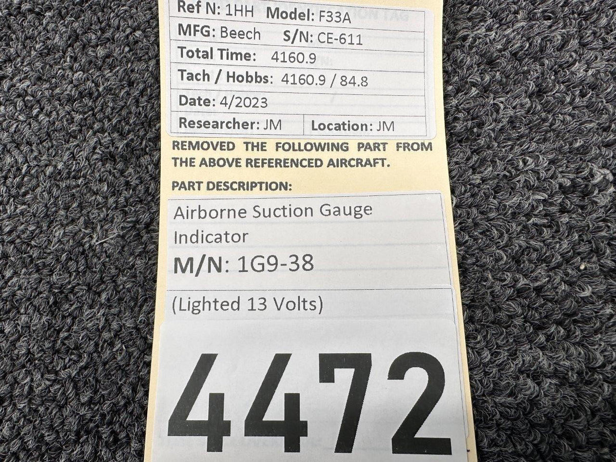 Airborne 1G9-38 Airborne Suction Gauge Indicator (Lighted with 13 Volts)