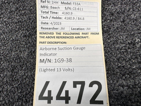 Airborne 1G9-38 Airborne Suction Gauge Indicator (Lighted with 13 Volts)