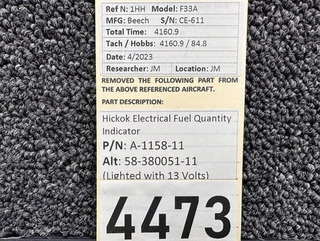 Hickok A-1158-11 (Alt: 58-380051-11) Hickok Electrical Fuel Quantity Indicator, Lighted
