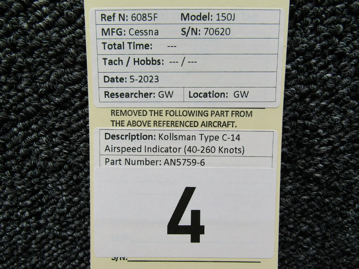 kollsman AN5759-6 Kollsman Type C-14 Airspeed Indicator (40-260 Knots)