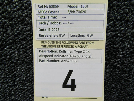kollsman AN5759-6 Kollsman Type C-14 Airspeed Indicator (40-260 Knots)