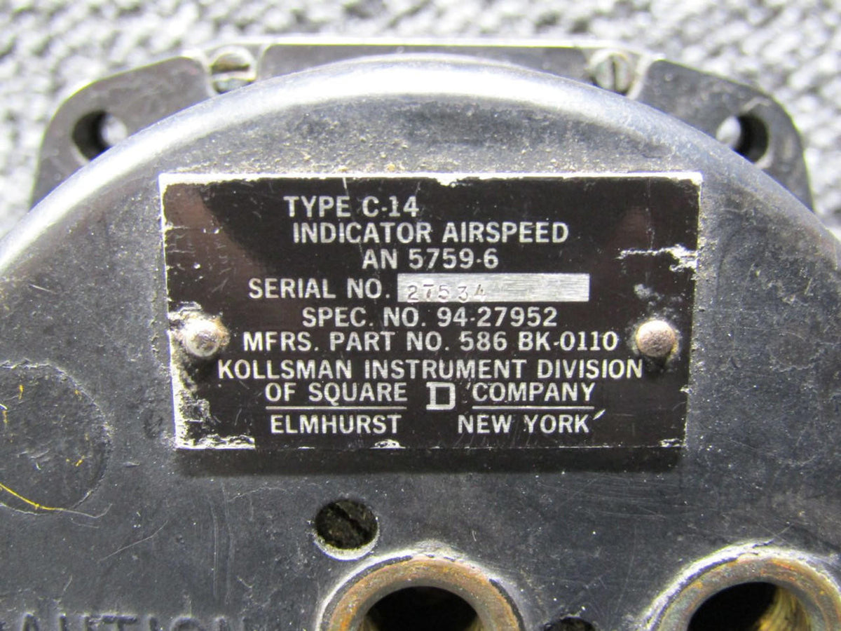 kollsman AN5759-6 Kollsman Type C-14 Airspeed Indicator (40-260 Knots)