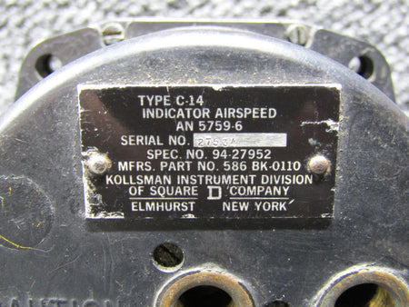 kollsman AN5759-6 Kollsman Type C-14 Airspeed Indicator (40-260 Knots)