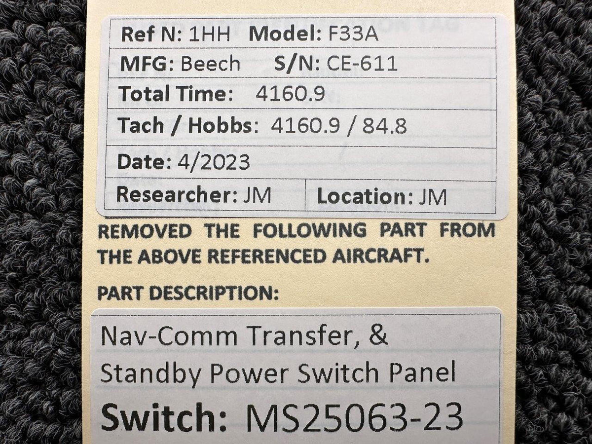 Beechcraft Parts MS25063-23 Beechcraft F33A Nav-Comm Transfer and Standby Power Switch Panel