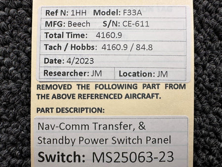 Beechcraft Parts MS25063-23 Beechcraft F33A Nav-Comm Transfer and Standby Power Switch Panel