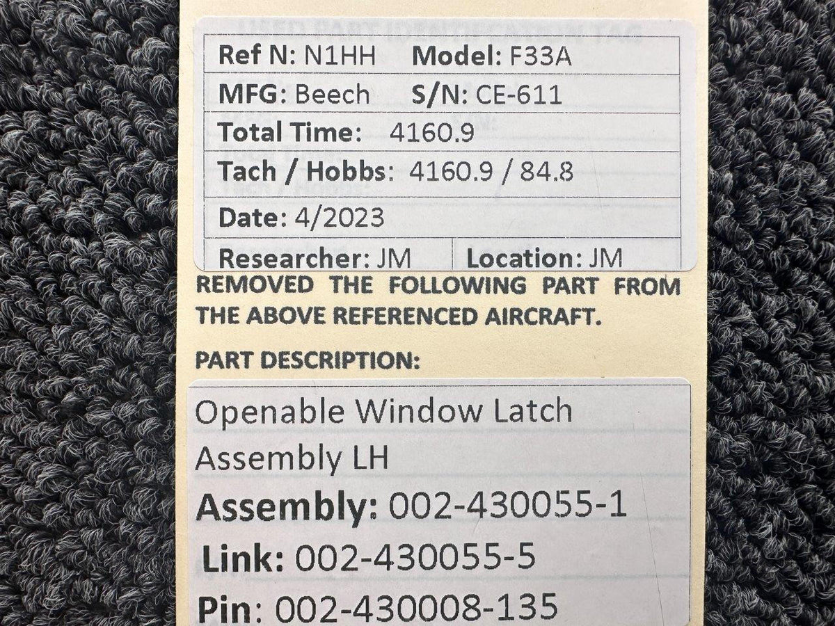 Beechcraft Parts 002-430055-1, 002-430008-135 Beech F33A Openable Window Latch Assembly LH