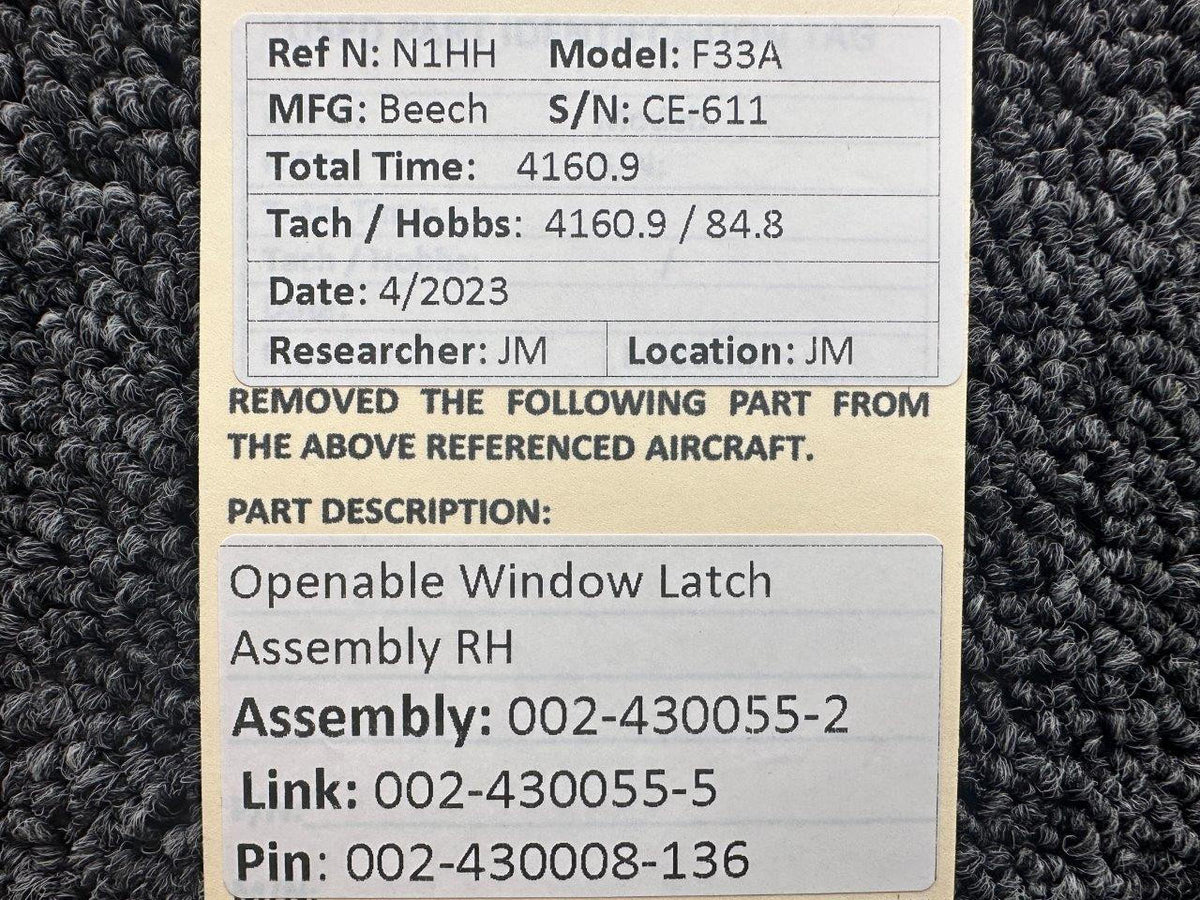 Beechcraft Parts 002-430055-2, 002-430008-136 Beech F33A Openable Window Latch Assembly RH