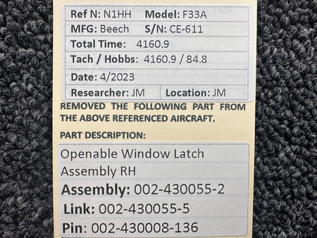 Beechcraft Parts 002-430055-2, 002-430008-136 Beech F33A Openable Window Latch Assembly RH