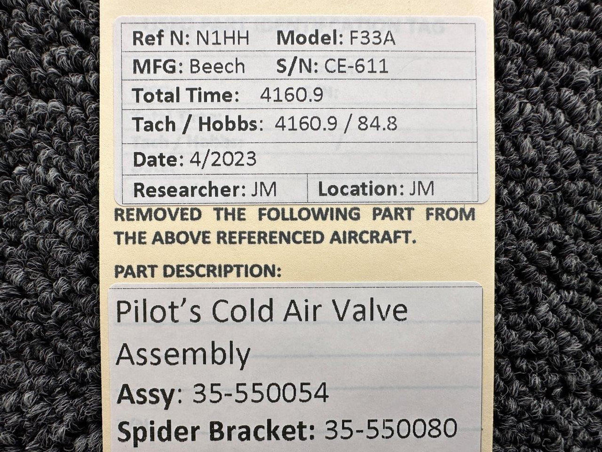 Beechcraft Parts 35-550054 Beechcraft F33A Pilot’s Cold Air Valve Assembly