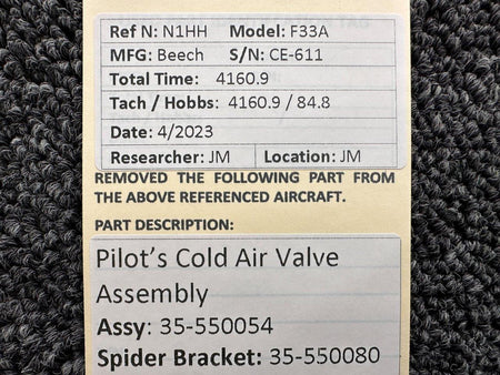 Beechcraft Parts 35-550054 Beechcraft F33A Pilot’s Cold Air Valve Assembly