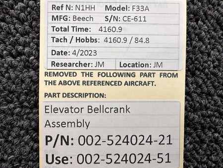 Beechcraft Parts 002-524024-21 (Use: 002-524024-51) Beechcraft F33A Elevator Bellcrank Assembly