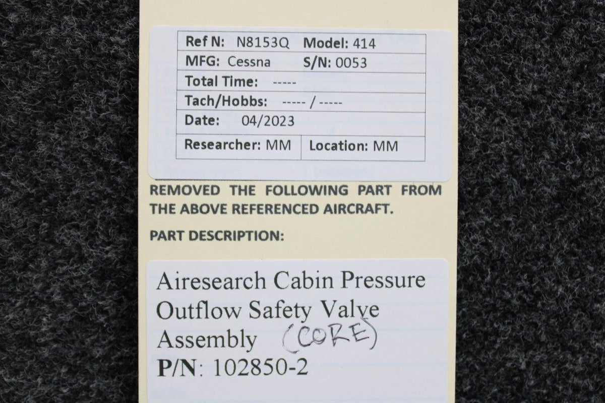 Airesearch 102850-2 Airesearch Cabin Pressure Outflow Safety Valve Assembly (Core)