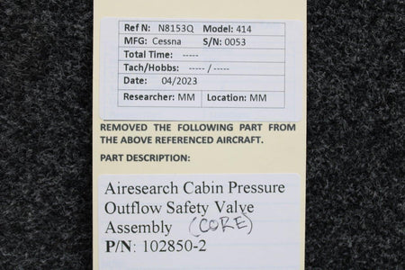 Airesearch 102850-2 Airesearch Cabin Pressure Outflow Safety Valve Assembly (Core)