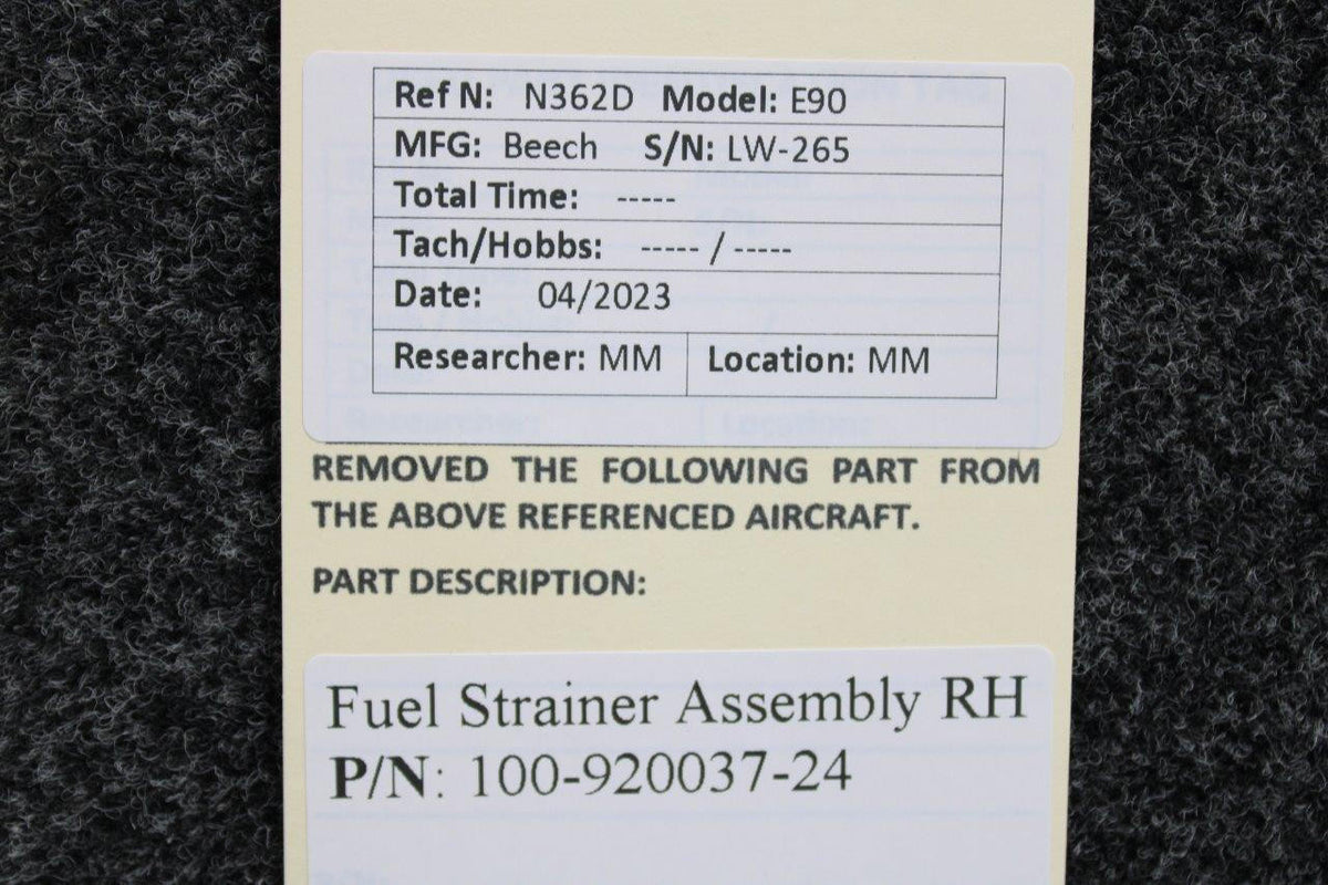 Beechcraft Parts 100-920037-24 Beechcraft King Air E90 Fuel Strainer Assembly RH