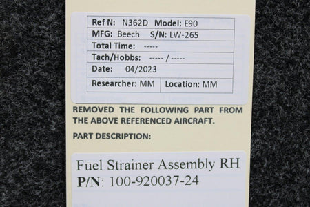 Beechcraft Parts 100-920037-24 Beechcraft King Air E90 Fuel Strainer Assembly RH