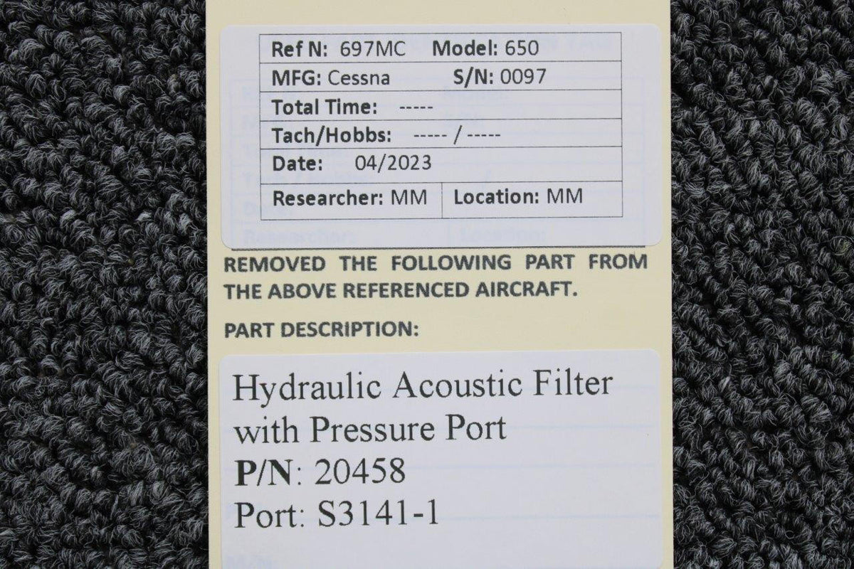 Cessna Aircraft Parts 20458, S3141-1 Hydraulic Acoustic Filter with Pressure Port
