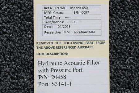 Cessna Aircraft Parts 20458, S3141-1 Hydraulic Acoustic Filter with Pressure Port