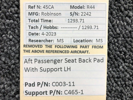 Robinson Helicopter & Airplane Parts C003-11, C465-1 Robinson R44 Aft Passenger Seat Back Pad LH with Support