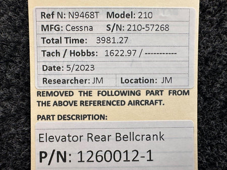 Cessna Aircraft Parts 1260012-1 Cessna 210 Elevator Rear Bellcrank