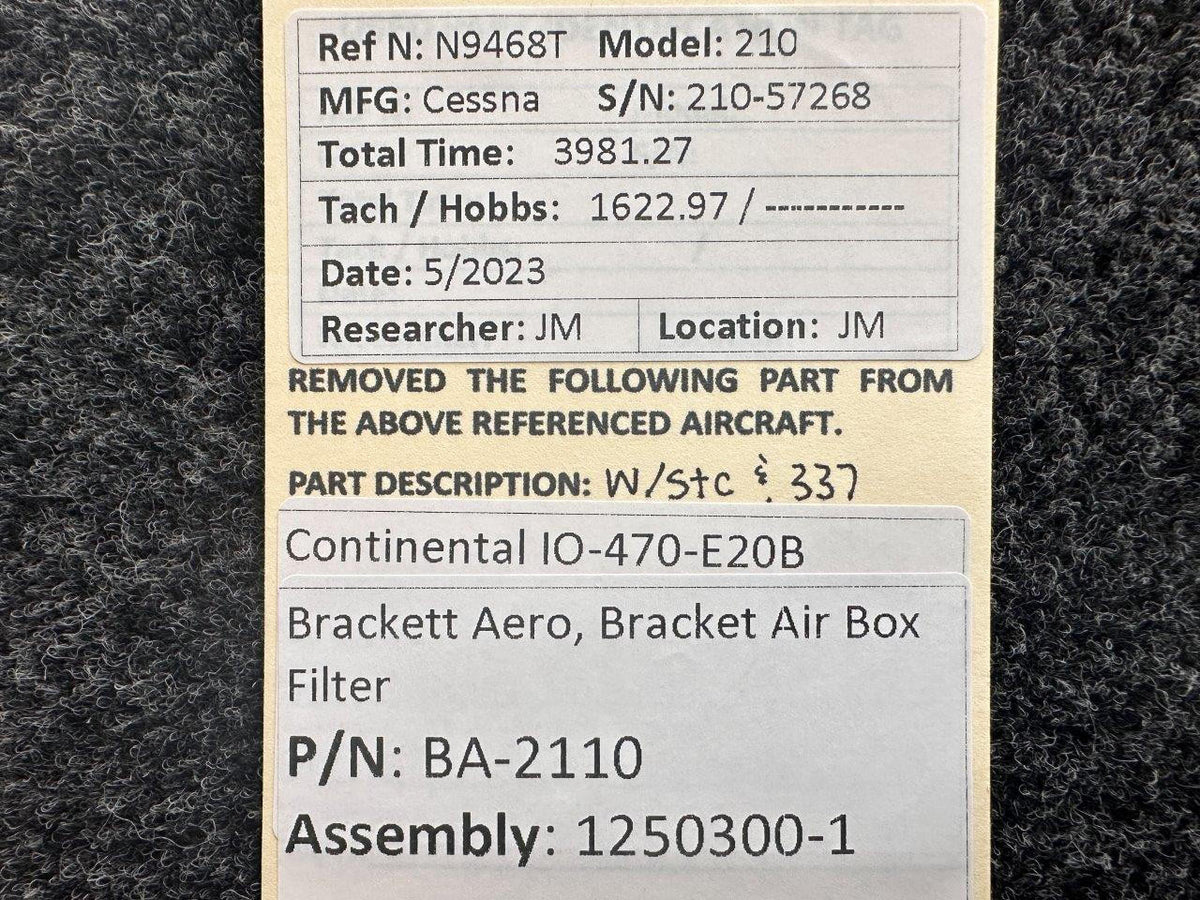 Brackett BA-2110, 1250300-1 Continental IO-470-E20B Brackett Aero Air Box Filter with STC