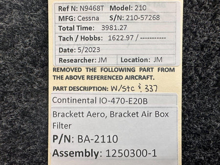 Brackett BA-2110, 1250300-1 Continental IO-470-E20B Brackett Aero Air Box Filter with STC