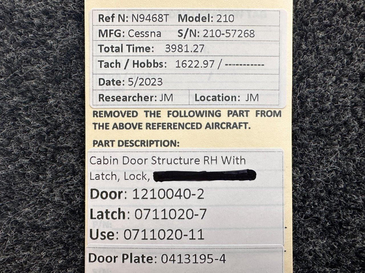 Cessna Aircraft Parts 1210040-2 Cessna 210 Cabin Door Structure RH with Latch