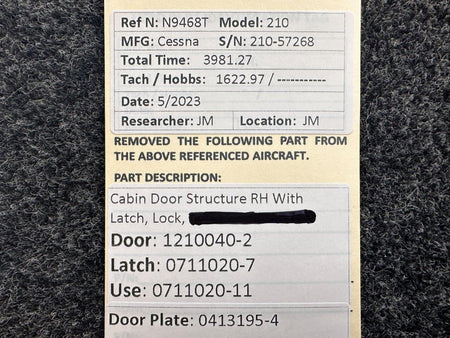 Cessna Aircraft Parts 1210040-2 Cessna 210 Cabin Door Structure RH with Latch
