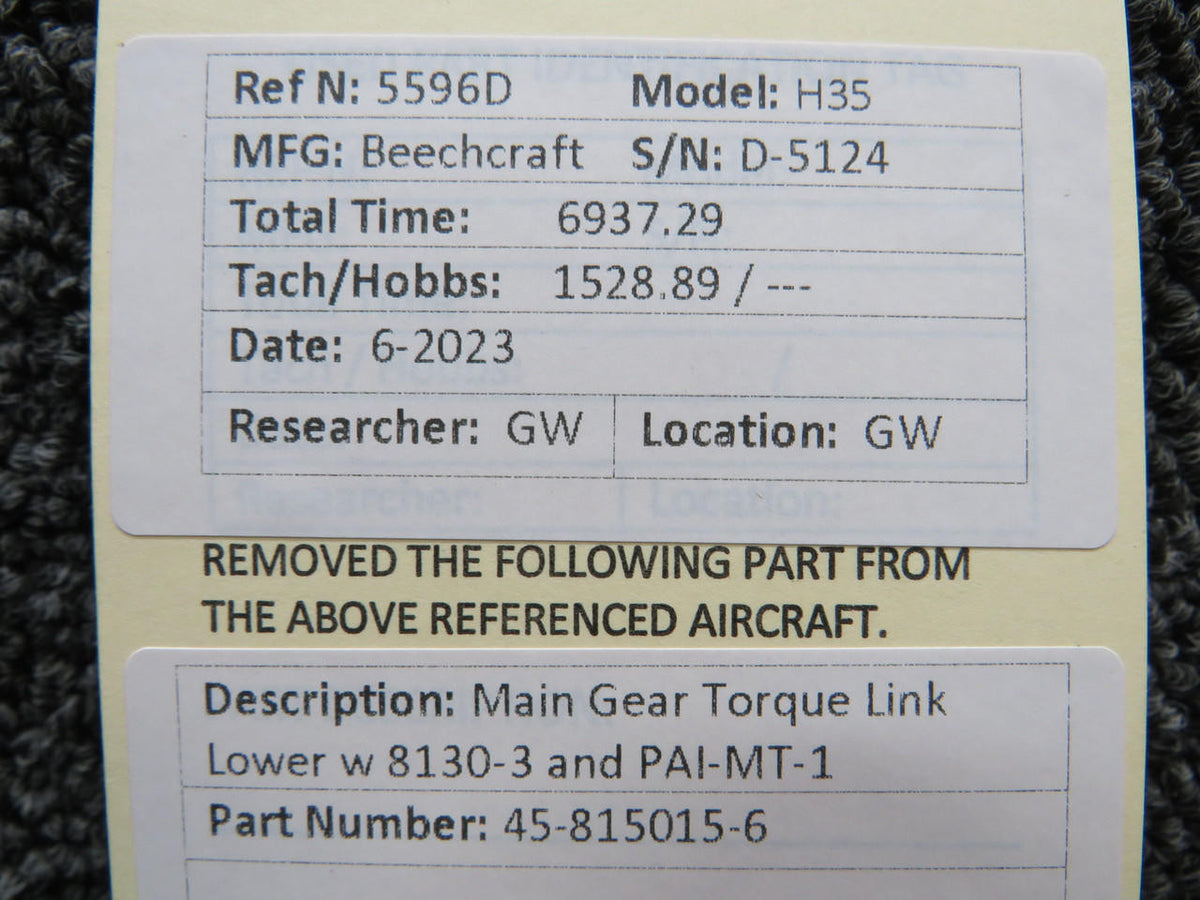 Beechcraft Parts 45-815015-6 Beech H35 Main Gear Torque Link Lower with 8130-3 and PAI-MT-1