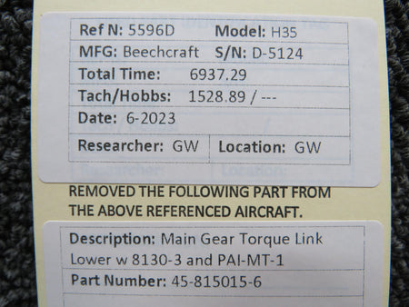 Beechcraft Parts 45-815015-6 Beech H35 Main Gear Torque Link Lower with 8130-3 and PAI-MT-1