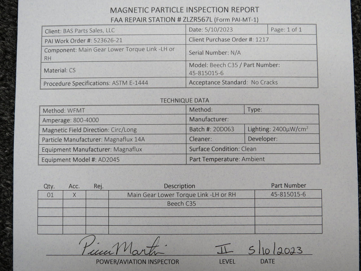 Beechcraft Parts 45-815015-6 Beech H35 Main Gear Torque Link Lower with 8130-3 and PAI-MT-1
