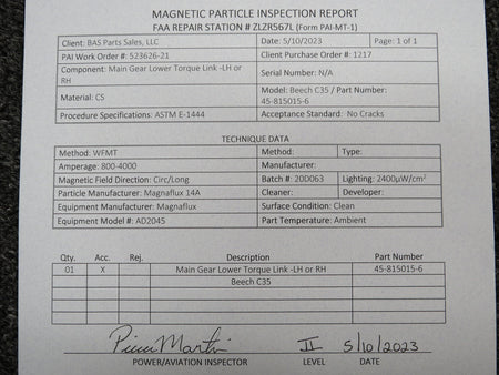 Beechcraft Parts 45-815015-6 Beech H35 Main Gear Torque Link Lower with 8130-3 and PAI-MT-1