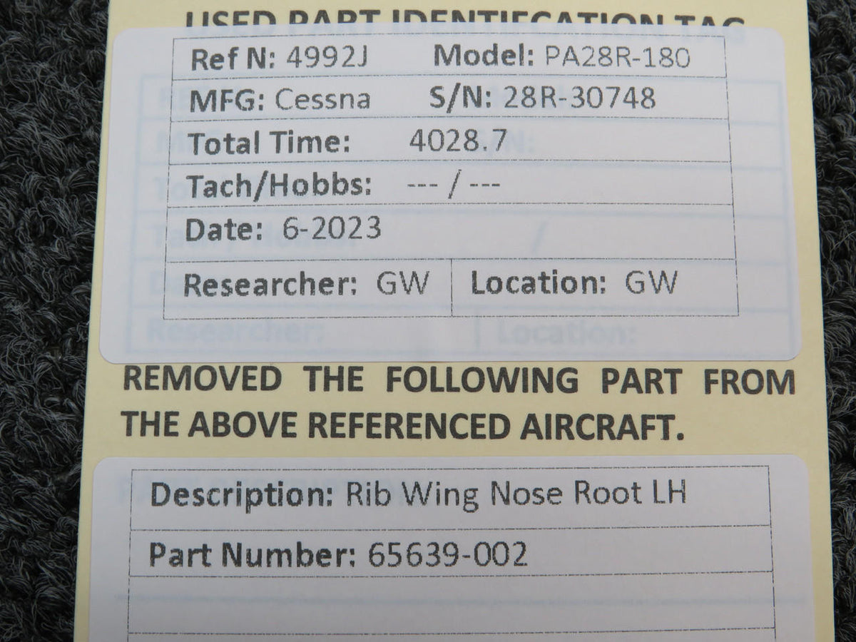 Piper Aircraft Parts 95639-002 Piper PA28R-180 Rib Wing Nose Root LH