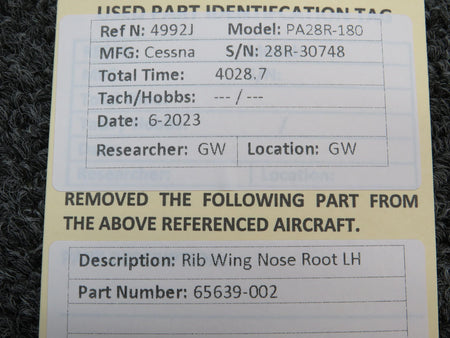 Piper Aircraft Parts 95639-002 Piper PA28R-180 Rib Wing Nose Root LH