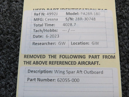 Piper Aircraft Parts 62055-000 Piper PA28R-180 Wing Spar Aft Outboard