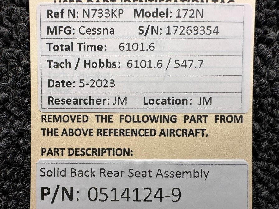 Cessna Aircraft Parts 0514125-15 Cessna 172N Single Back Rear Seat Assembly
