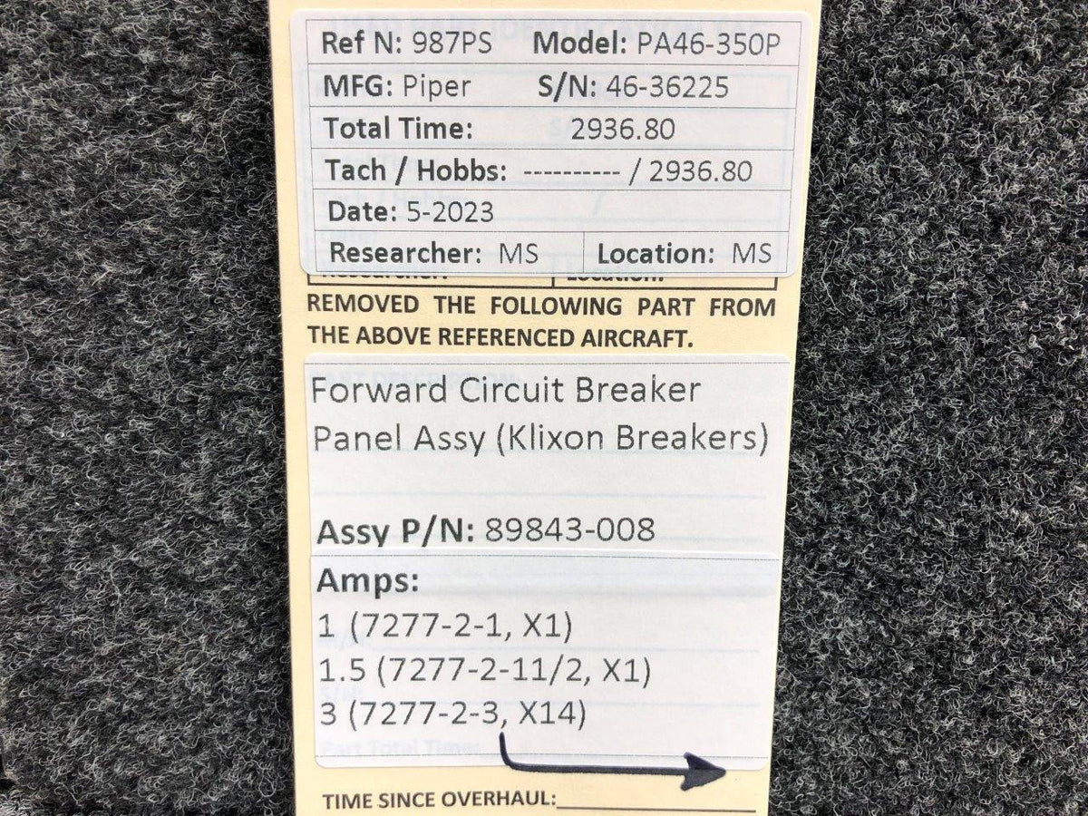 Klixon 89843-008 Piper PA46-350P Klixon Forward Circuit Breaker Panel (Amps: Various)