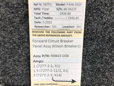 Klixon 89843-008 Piper PA46-350P Klixon Forward Circuit Breaker Panel (Amps: Various)