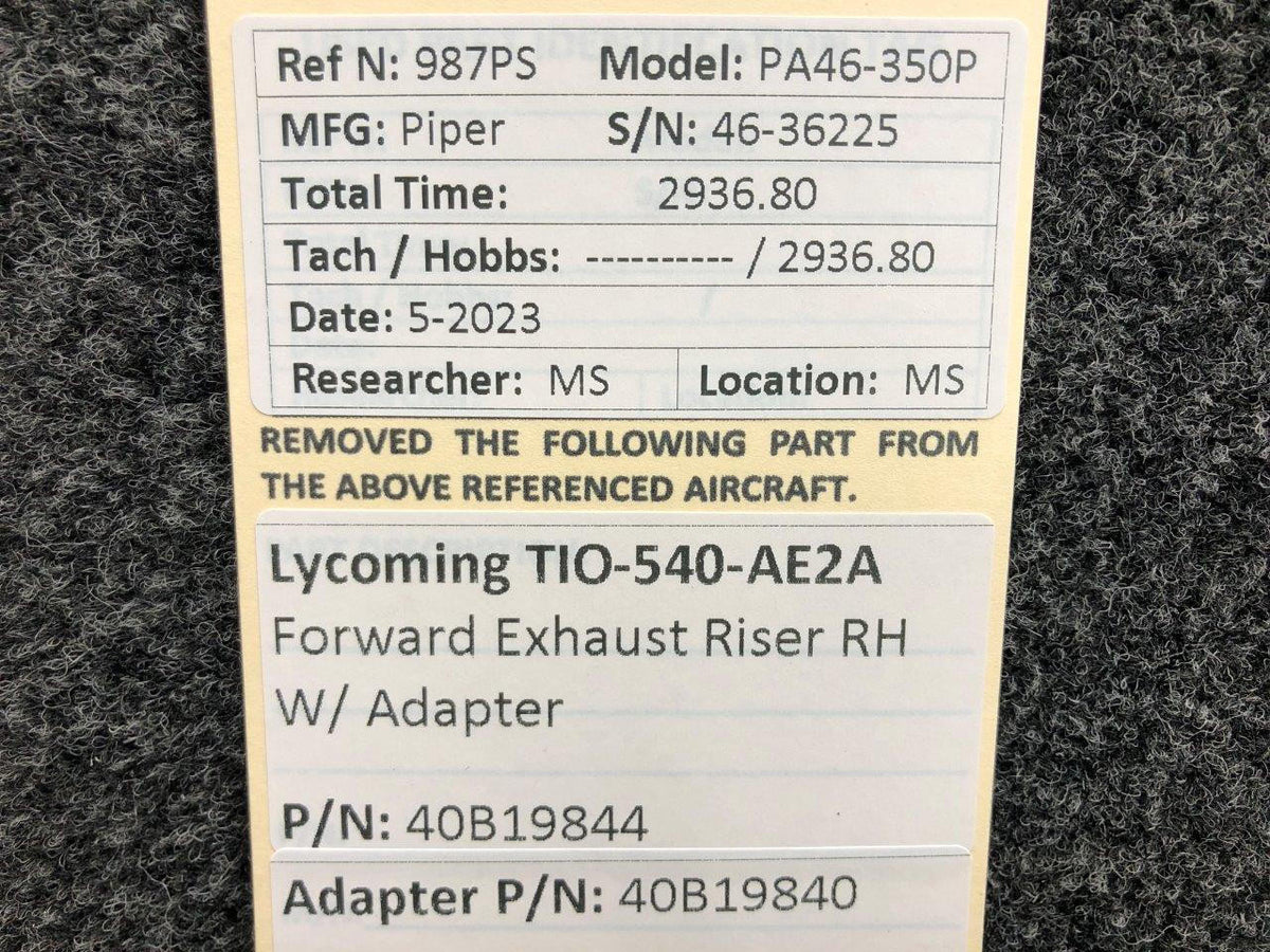 Lycoming Aircraft Engines & Parts 40B19844, 40B19840 Lycoming TIO-540-AE2A Forward Exhaust Riser RH with Adapter
