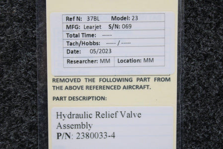 Learjet 2380033-4 Learjet 23 Hydraulic Relief Valve Assembly