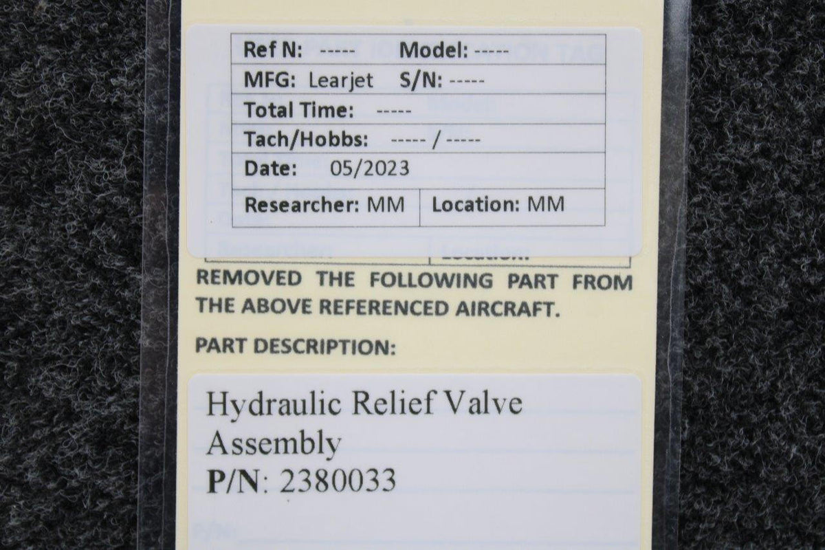 Learjet 2380033 Learjet Hydraulic Relief Valve Assembly