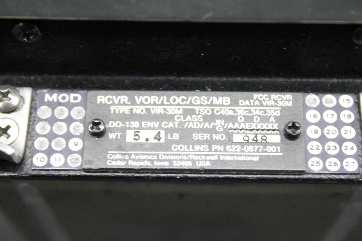 Collins 622-0877-001 Collins VIR-30M VOR, LOC, GS, MB Receiver With Mods