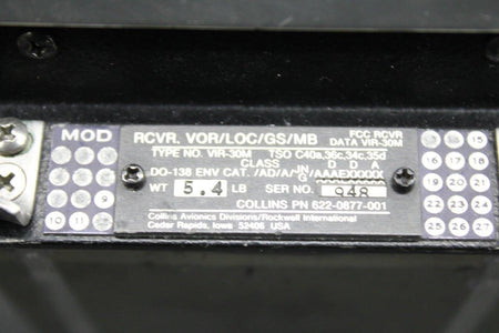 Collins 622-0877-001 Collins VIR-30M VOR, LOC, GS, MB Receiver With Mods