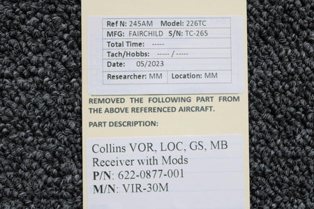 Collins 622-0877-001 Collins VIR-30M VOR, LOC, GS, MB Receiver With Mods