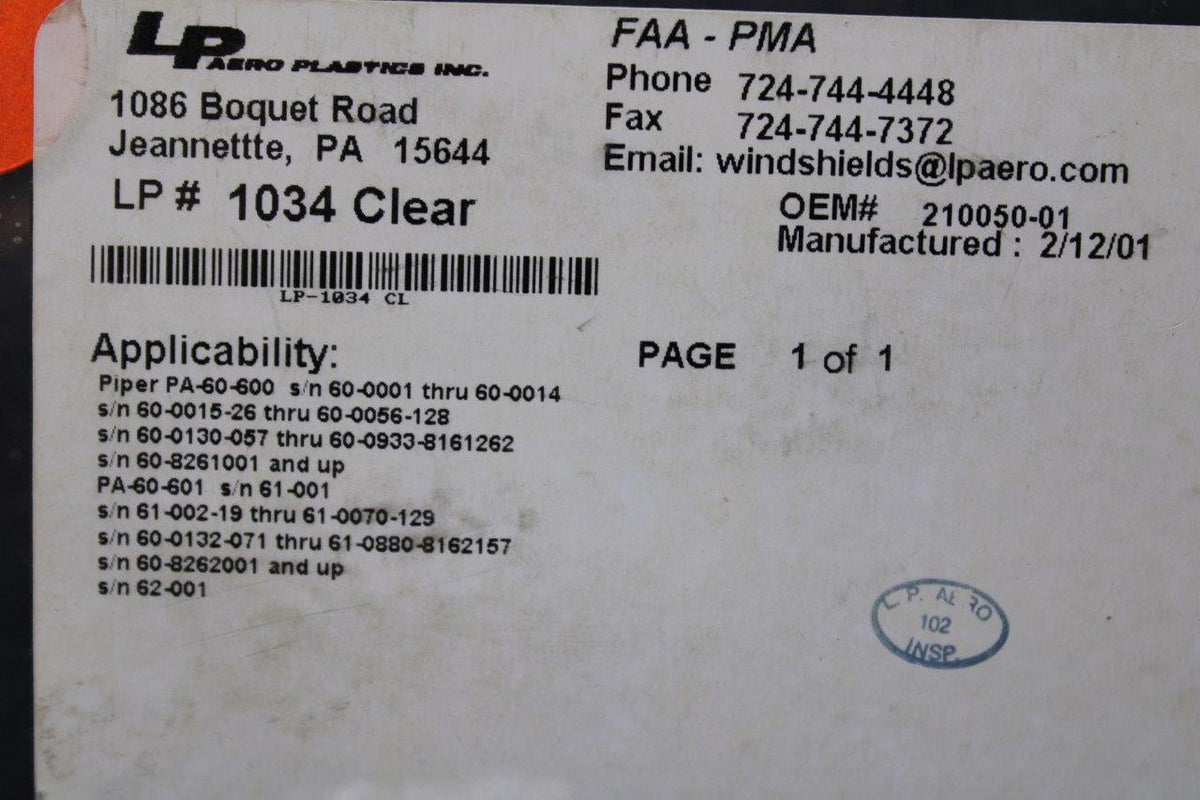 LP Aeroplastics LP-1034CL (Alt:210050-01) LP Aeroplastics Skylight Window LH (Clear) (NOS)