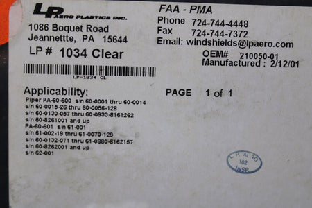 LP Aeroplastics LP-1034CL (Alt:210050-01) LP Aeroplastics Skylight Window LH (Clear) (NOS)