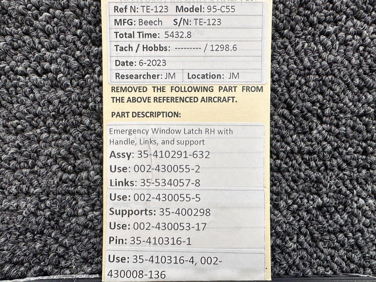 Beechcraft Parts 35-410291-632 Beech 95-C55 Emergency Window Latch RH with Supports and Links