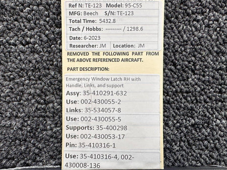 Beechcraft Parts 35-410291-632 Beech 95-C55 Emergency Window Latch RH with Supports and Links