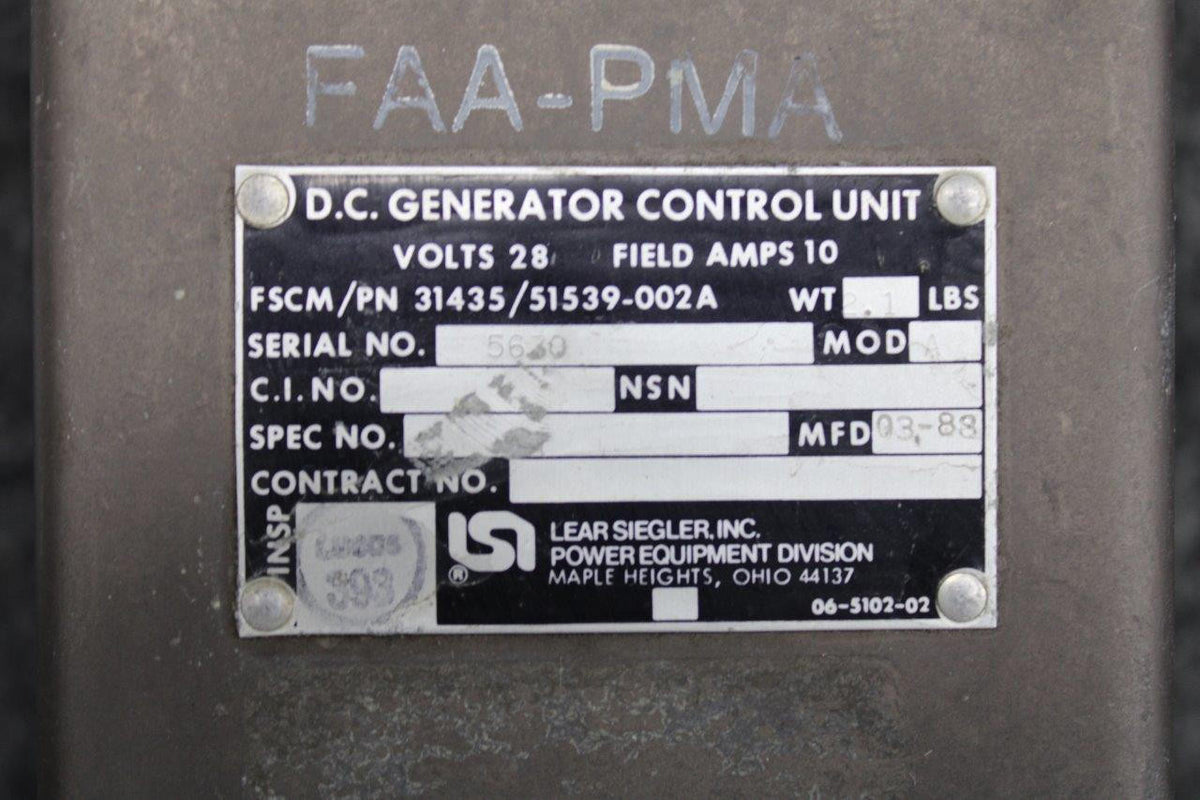 Lear Siegler 51539-002A Lear Siegler Inc DC Generator Control Unit (Volts: 28) (Amps: 10)