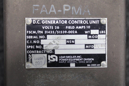 Lear Siegler 51539-002A Lear Siegler Inc DC Generator Control Unit (Volts: 28) (Amps: 10)